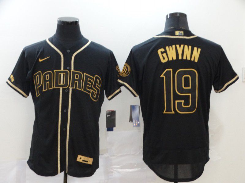 Men San Diego Padres 19 Gwynn Black Retro gold character Nike Elite MLB Jerseys